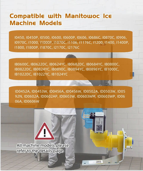 OEM Ice Machine Water Inlet Valve 000008484 000009122 Replacement Part, plug-and-play valve shown with Manitowoc model compatibility