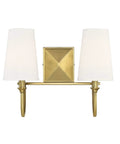 Cameron Modern Farmhouse White Fabric Vanity Wall Light 2-Light Fixture For Bathroom with warm brass finish, 12" high, 15" wide