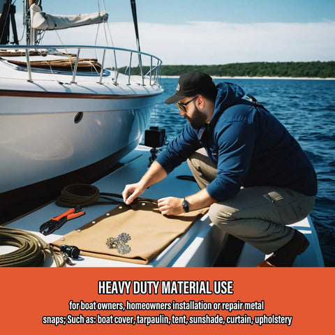 Man using Grab And Go Snap Fasteners Kit With 30 Sets Screws Snaps For Boat Covers Canvas Tarps And More on a boat deck