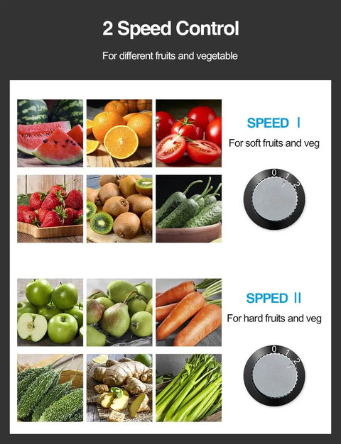 Powerful 800W Centrifugal Juicer With Wide 3 Inch Feed Chute speed control for fruits and vegetables, showing speed dial options