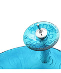 USZWBY Bathroom Vessel Sink,Tempered Glass Vessel Sink Sky Blue Round Basin Washing Bowl Set with Faucet Pop-Up Drain close-up view of faucet and drain