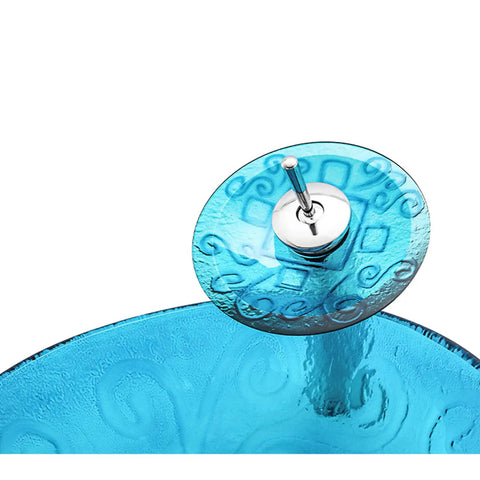 USZWBY Bathroom Vessel Sink,Tempered Glass Vessel Sink Sky Blue Round Basin Washing Bowl Set with Faucet Pop-Up Drain close-up view of faucet and drain