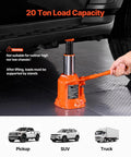 Front view of orange 20-ton hydraulic bottle jack with a long 3-section handle lifting a vehicle