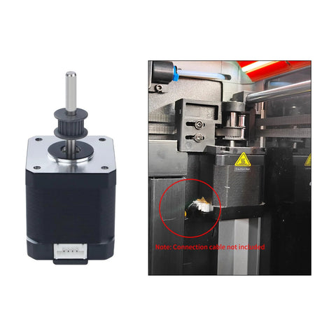 FYSETC Y-axis replacement NEMA 17 stepper motor; front and installed printer views, 42/48mm, 20-tooth gear, no cable