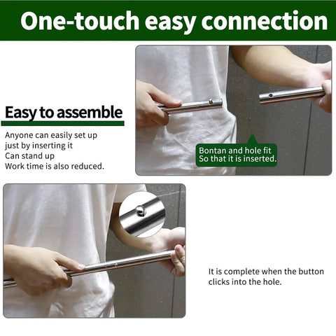 Person assembling adjustable telescopic tarp poles for camping and hiking, lightweight dope stainless steel tent poles with rugged spring joints.