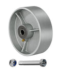 6 Inch Cast Iron Wheels With Steel Spacers Built Tough As Nails For Heavy Hauling Up To 500 Fahrenheit High Temp Industrial Cart Casters 10 Pack showing smooth surface and set of hardware.