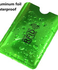 RFID Blocking Credit Card Sleeves Set With 24 Pack In 12 Colors And 4 Passport Protectors Identity Theft Protection shown in green waterproof sleeve