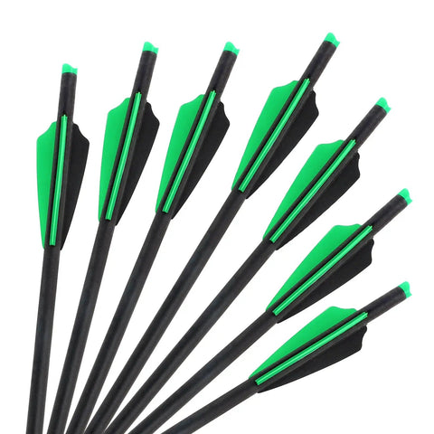 22 Inch Carbon Crossbow Bolts For Hunting And Target Practice, High Precision Arrows With Shield Vanes For Straight Flight, Universal Fit, Pack Of 6 Ready To Shoot, featuring green and black vanes.