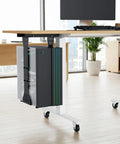 Heavy Duty Under Desk PC Mount With Adjustable Computer Tower Stand For No Sweat Slick Rail Setup and Rock Solid Desk Organization That Handles Any Beefy Desktop Tower installed under a desk.