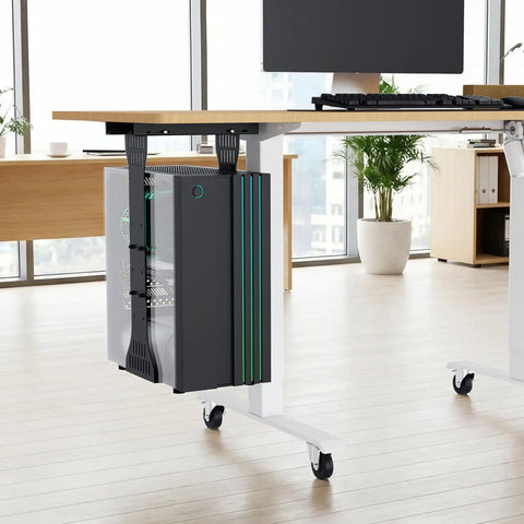 Heavy Duty Under Desk PC Mount With Adjustable Computer Tower Stand For No Sweat Slick Rail Setup and Rock Solid Desk Organization That Handles Any Beefy Desktop Tower installed under a desk.