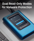 Vault Privacy 80 External SSD With FIPS 197 Encryption And XTS AES 256 Bit Encryption Plus Touch Screen PIN beside laptop