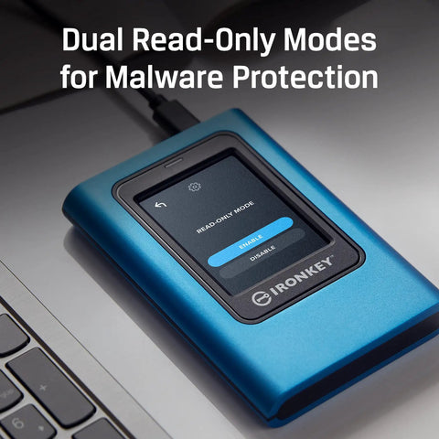 Vault Privacy 80 External SSD With FIPS 197 Encryption And XTS AES 256 Bit Encryption Plus Touch Screen PIN beside laptop