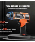Knuckle Saving Half Inch Air Impact Wrench Generating 880 Ft Lbs Of Raw Torque At 7500 Rpm On An Ultra Light Aluminum Frame, showing twin hammer mechanism.