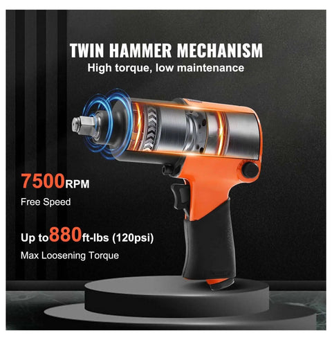 Knuckle Saving Half Inch Air Impact Wrench Generating 880 Ft Lbs Of Raw Torque At 7500 Rpm On An Ultra Light Aluminum Frame, showing twin hammer mechanism.