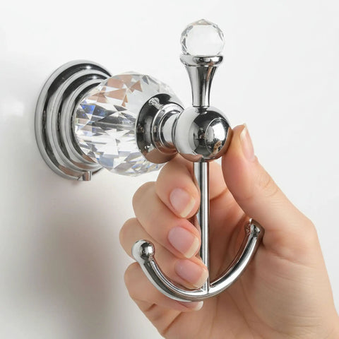 Heavy Duty Polished Chrome Crystal Wall Hook Top Shelf Bathroom Robe Hanger Straight Up Classy Silver Coat Rack waterproof design in use.