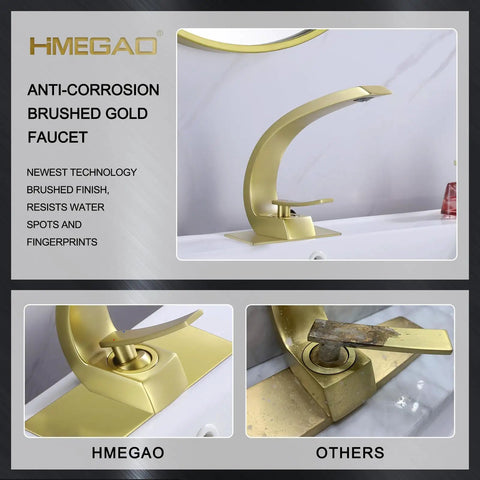 Brushed Gold Bathroom Faucet With Single Handle Basin Mixer for 1 Hole or 3 Hole Mount includes deck plate, sleek vanity sink install
