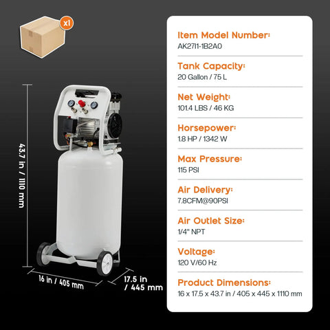 Albott 20 Gallon Electric Air Compressor With 18Hp Oil-Free Vertical Tank, Wheeled Portable Design For Tires And Tools, 120 Psi Max Pressure Stable Output Durable Steel Build Lightweight