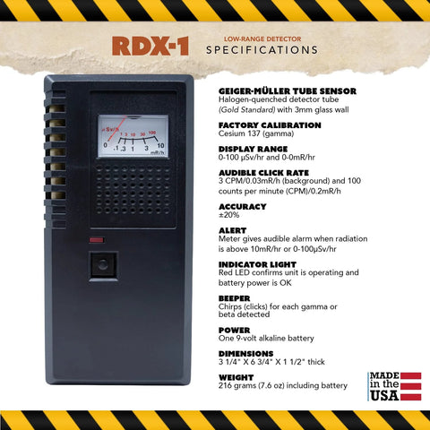 ITS RDX-1 handheld low-range radiation detector with Geiger-Müller tube, front view