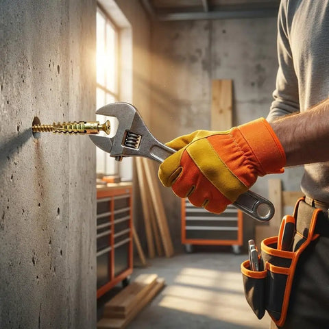 Person using wrench to install Beefy Hollow Wall Anchors With Screws Kit For Stripped Holes And Loose Hinges in concrete wall