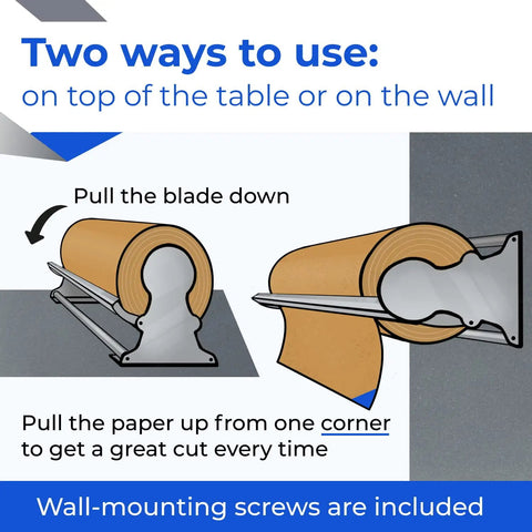 Shop Favorite 48 Inch Kraft Paper Dispenser With Smooth Cut Blade Reinforced Steel Countertop Holder illustrating usage options on table or wall.