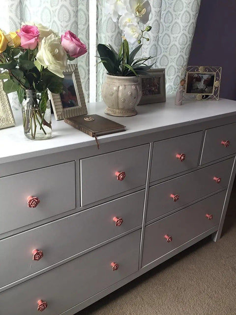 Cute Eight Pack Pink Rose Ceramic Cabinet Knob Set With Screws Vintage Floral Flower Drawer Pull Handles For Cabinets in use