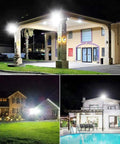 JUDYSSY 6 Pack Led Flood Light Outdoor illuminating homes at night, showcasing 300W Work Light 24000Lm and 6000K Cold White Daylight.