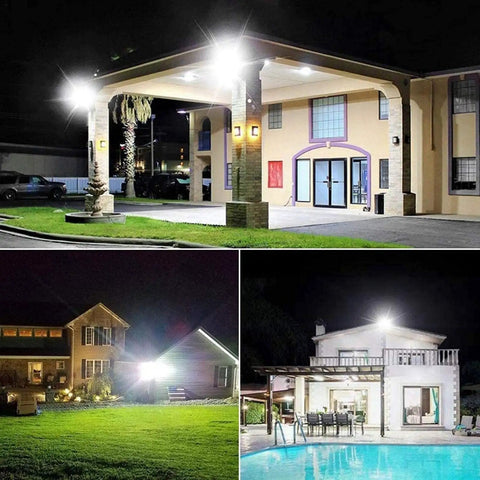 JUDYSSY 6 Pack Led Flood Light Outdoor illuminating homes at night, showcasing 300W Work Light 24000Lm and 6000K Cold White Daylight.