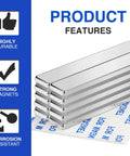 16-pack neodymium bar magnets with double-sided adhesive, 60 x 10 x 3 mm, silver rectangular magnets