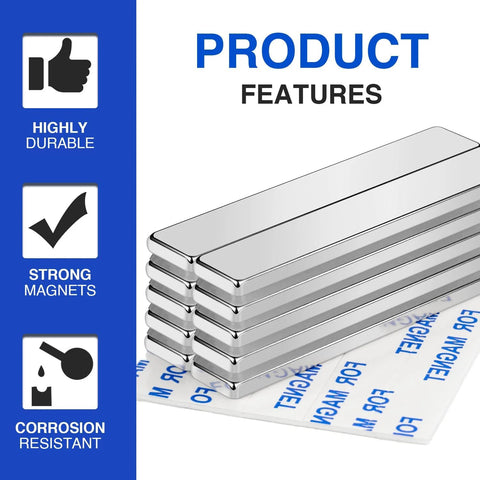 16-pack neodymium bar magnets with double-sided adhesive, 60 x 10 x 3 mm, silver rectangular magnets