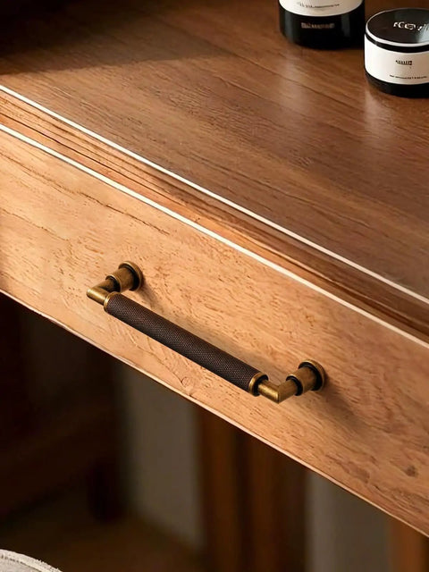 Antique Brass Cabinet Pulls 5 Pack 5 Inch Center Hole Knurled Retro Drawer Handles on wooden drawer knob visible