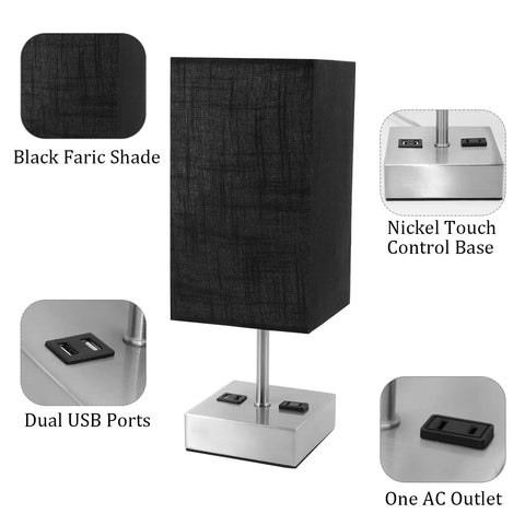 Two Pack 3 Way Dimmable Touch Table Lamps With USB Ports And AC Outlet, Night Light With Black Fabric Shade and dual USB ports