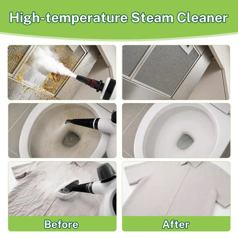 Oviievek Handheld Steam Cleaner With 15 Pcs Accessories And 1050W Fast Heating cleaning stains on a kitchen exhaust and sanitizing a toilet and shirt.