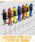 Six screwdrivers in a rainbow of colors mounted on a black slatwall holder. Suitable for all types of siding as text indicates.