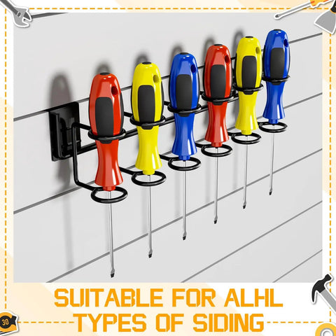 Six screwdrivers in a rainbow of colors mounted on a black slatwall holder. Suitable for all types of siding as text indicates.