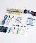 Rad Uno R3 Compatible Electronics Kit For Arduino IDE Beginners with breadboard, jumper wires, LEDs, resistors and guide.