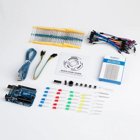 Rad Uno R3 Compatible Electronics Kit For Arduino IDE Beginners with breadboard, jumper wires, LEDs, resistors and guide.