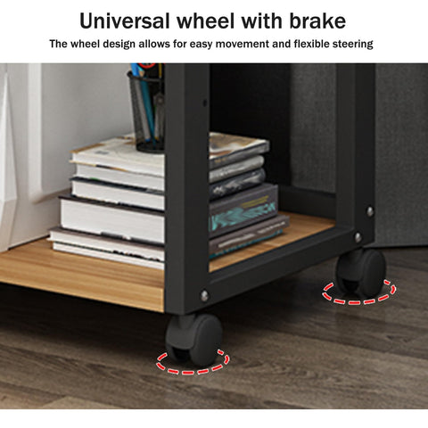 Bottom view of three tier wooden corner shelf with wheels, showing universal wheel design for AV console storage.