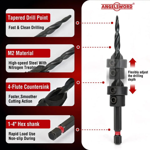 Eight Piece Countersink Drill Bit Set With M2 HSS Tapered Bits In Sizes 4 6 8 10 12, Depth Stop Rings, Allen Wrench, And Pro Grade Heavy Duty Storage Case