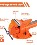 Heavy Duty Bench Vise With Five Inch Jaw And Seven Inch Opening, 360 Degree Swivel Base, bright orange solid iron, serrated jaws