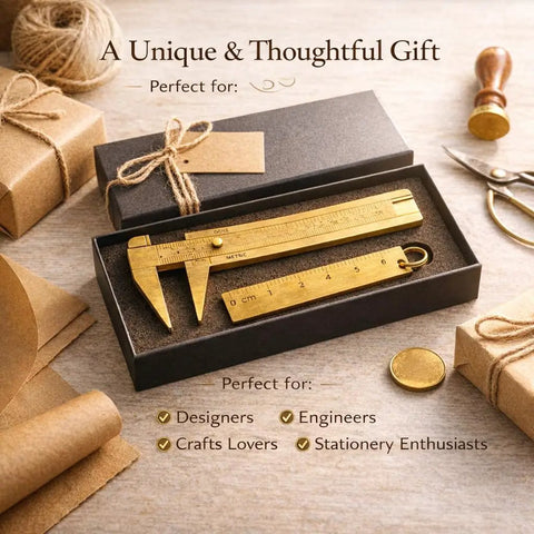 Brass Mini 80mm Double Scale Caliper Handy Portable Sliding Gauge in gift box with 60mm brass ruler for jewelry making.