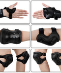 Kids Protective Gear Set Knee Pads Elbow Pads And Wrist Guards For Roller Skating Cycling BMX Bike Skateboarding Inline Skating And Scooter Riding Black Small 3 To 8 Years Kid Friendly All In One Safety Kit, showing wrist and elbow guards on arms, knee pads on legs