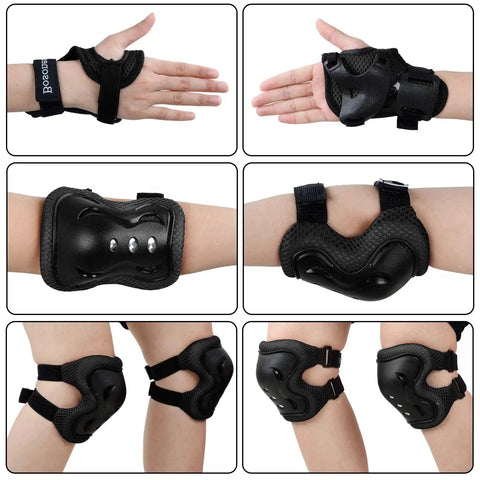 Kids Protective Gear Set Knee Pads Elbow Pads And Wrist Guards For Roller Skating Cycling BMX Bike Skateboarding Inline Skating And Scooter Riding Black Small 3 To 8 Years Kid Friendly All In One Safety Kit, showing wrist and elbow guards on arms, knee pads on legs