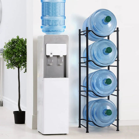 Heavy Duty 4 Tier 5 Gallon Water Jug Holder Rack with Detachable Bottle Organizer Shelf for Home Kitchen Office Breakroom, Black