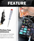 120 Piece Car Fuse Kit With Tester And Puller, multi amp blade fuses set shown with tester in use on car circuit