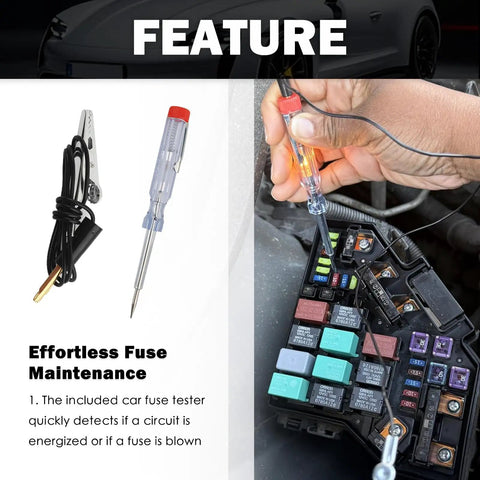 120 Piece Car Fuse Kit With Tester And Puller, multi amp blade fuses set shown with tester in use on car circuit