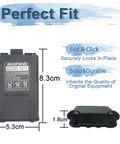 1800mAh Li Ion Replacement Battery With DC Jack For UV5R Series Radios, dimensions and fit details