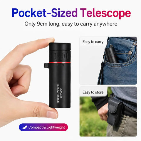 Grab And Go 25X Monocular Telescope With Phone Adapter featured in hand and in pocket, compact and lightweight, ideal for adventures.