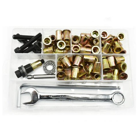 Check Out This Heavy Duty Head Rivet Nut Tool Kit With 100 Presses For M3 M4 M5 M6 M8 Fasteners, Perfect For DIY Pros And Metal Pipe Fixin Up Jobs That Need Solid Steel Grip Power Anywhere You Go. rivet nut kit with M3-M8 zinc plated inserts, steel tool, and wrench