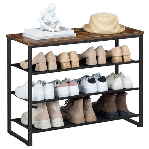 4 Tier Shoe Rack Storage Organizer With Three Oxford Fabric Shelves And Top Panel Space Saving Setup For Entryway And Closet That Holds 12 To 16 Pairs Of Shoes Industrial Rustic Brown Finish with shoes and decor items displayed