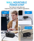 Wall mountable On-The-Go 9-In-1 PD 65W USB-C Power Strip with 6 AC outlets shown in desk, wall, and under desk setups.
